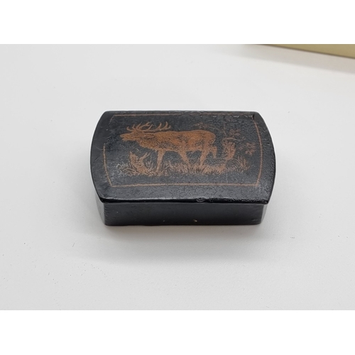 1381 - A mixed group of works of art, to include Georgian papier mache snuff boxes; and a Victorian mother-... 