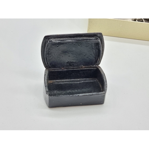 1381 - A mixed group of works of art, to include Georgian papier mache snuff boxes; and a Victorian mother-... 