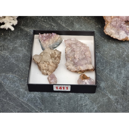 1411 - Natural History: an amethyst quartz geode, 27cm wide; together with a formation of coral, 30cm wide.... 