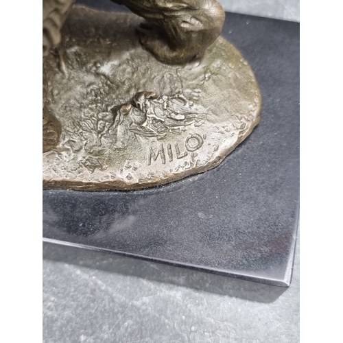 1517 - A bronze bear and salmon, signed 'Milo', on black marble base, 20cm long; together with another bron... 