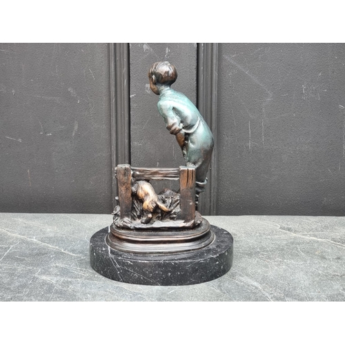 1528 - A bronze figure group of a boy and two dogs, on marble base, 24cm high.