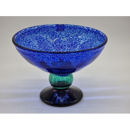 1490 - A Kosta Boda blue and green glass pedestal bowl, by Gunnel Sahlin, signed and inscribed, 21.5cm high... 