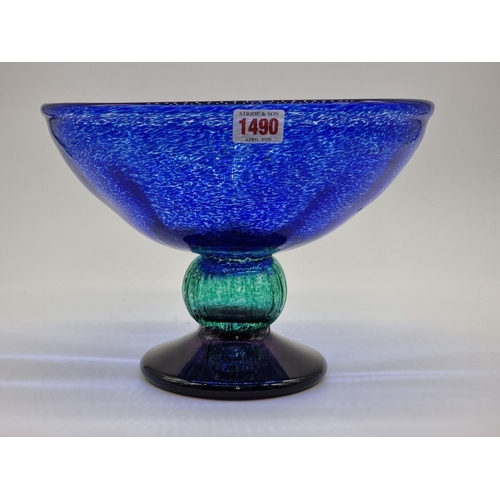 1490 - A Kosta Boda blue and green glass pedestal bowl, by Gunnel Sahlin, signed and inscribed, 21.5cm high... 