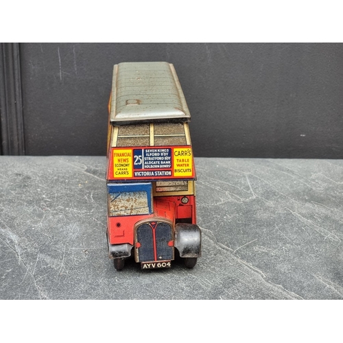 1577 - A scarce Chad Valley tinplate 'Carr's' novelty double decker biscuit tin, 25cm long.... 