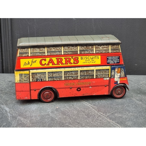 1577 - A scarce Chad Valley tinplate 'Carr's' novelty double decker biscuit tin, 25cm long.... 