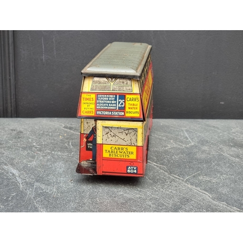 1577 - A scarce Chad Valley tinplate 'Carr's' novelty double decker biscuit tin, 25cm long.... 