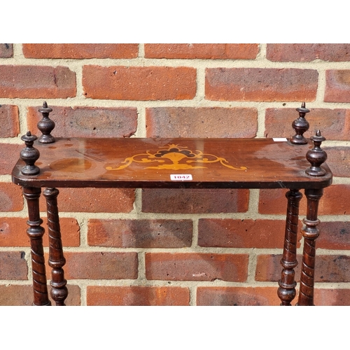 1042 - A Victorian walnut and inlaid four-tier whatnot, 48.5cm wide.