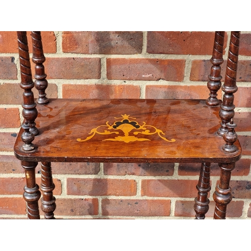 1042 - A Victorian walnut and inlaid four-tier whatnot, 48.5cm wide.