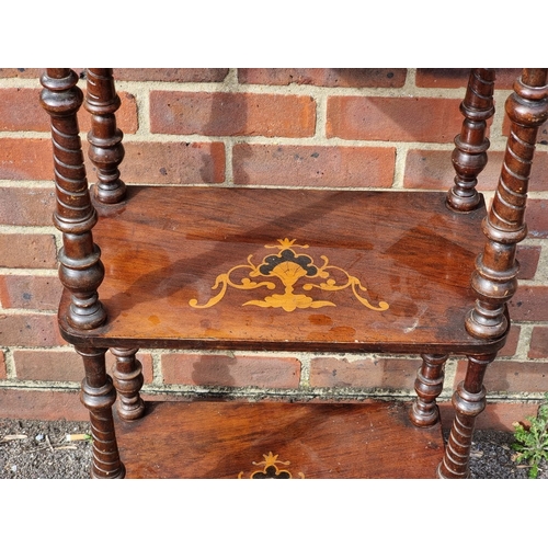 1042 - A Victorian walnut and inlaid four-tier whatnot, 48.5cm wide.