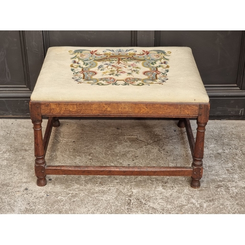 1079 - An antique oak and upholstered stool, 76 x 60.5cm.