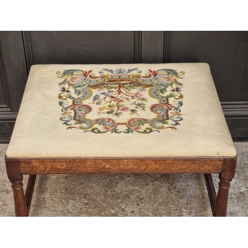 1079 - An antique oak and upholstered stool, 76 x 60.5cm.