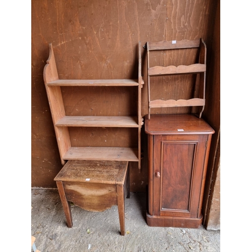 1104 - A sundry group of furniture, comprising: a Victorian mahogany bedside cupboard, 39cm wide, (s.d.); a... 