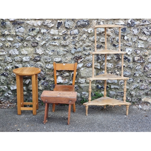 1112 - A pine four-tier corner whatnot, 110.5cm high; together with an elm seated child's chair; and two st... 