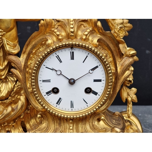 1165 - A Louis XV style gilt metal figural mantel clock, 36.5cm wide, on conforming giltwood stand, total h... 