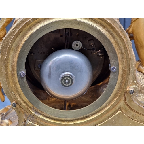 1165 - A Louis XV style gilt metal figural mantel clock, 36.5cm wide, on conforming giltwood stand, total h... 