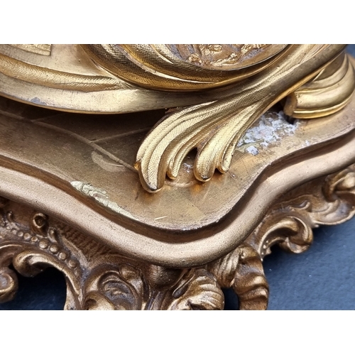 1165 - A Louis XV style gilt metal figural mantel clock, 36.5cm wide, on conforming giltwood stand, total h... 