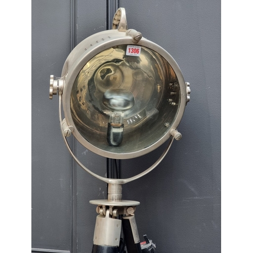 1306 - A modern theatre spotlight, on large tripod stand, approx 194cm high, (dented).