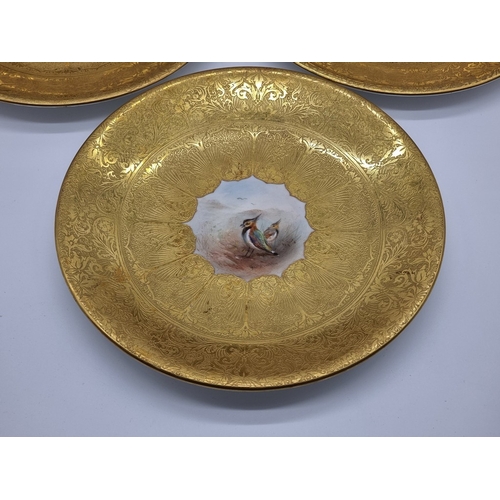 1389 - A good set of six Royal Worcester cabinet plates, each finely painted with a Game Bird by James Stin... 