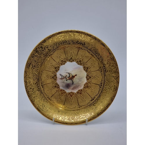 1389 - A good set of six Royal Worcester cabinet plates, each finely painted with a Game Bird by James Stin... 