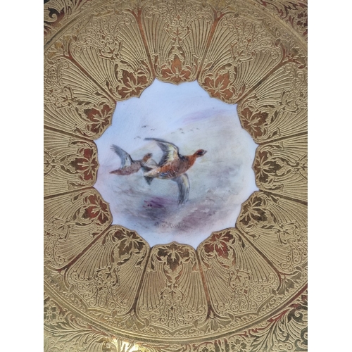 1389 - A good set of six Royal Worcester cabinet plates, each finely painted with a Game Bird by James Stin... 