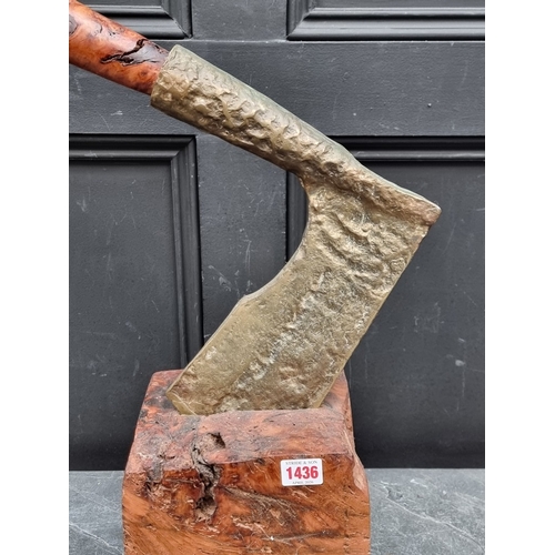 1436 - A yew and brass novelty axe and block, 62cm high, (shaft broken).