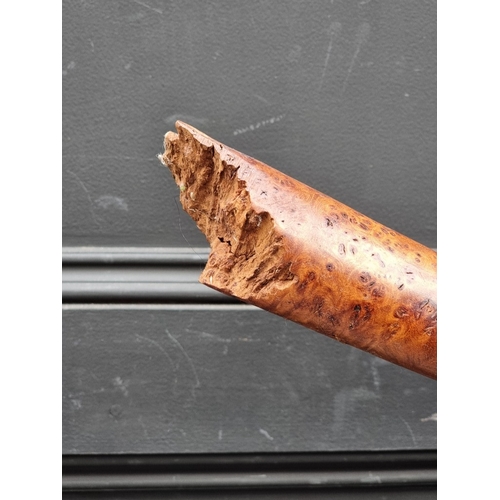 1436 - A yew and brass novelty axe and block, 62cm high, (shaft broken).