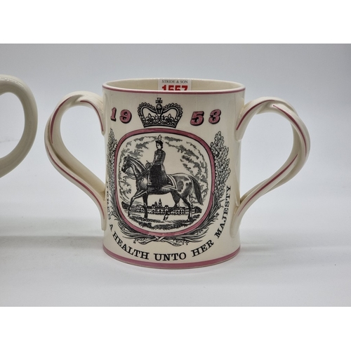 1557 - A Royal Doulton 1953 commemorative Courage Brewery loving cup, 14cm high; together with a novelty Ma... 