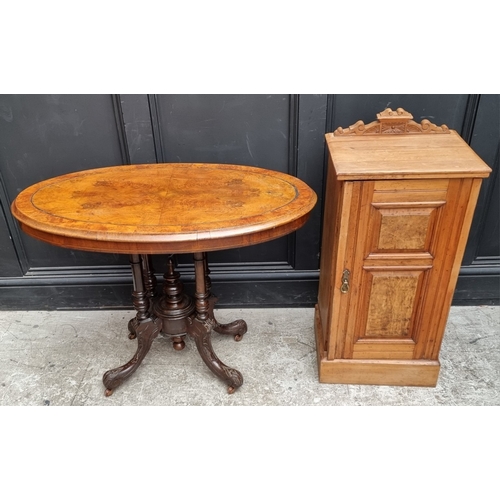 1110 - A late Victorian satin walnut bedside cupboard, 40cm wide; together with a small Victorian figured w... 