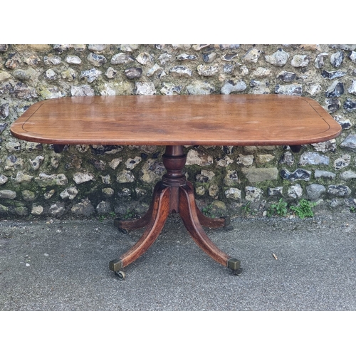 1114 - A 19th century mahogany and ebony strung breakfast table, 146cm wide, (the top now fixed).... 