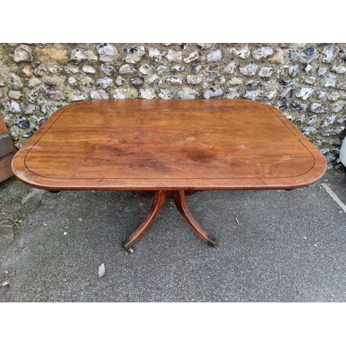 1114 - A 19th century mahogany and ebony strung breakfast table, 146cm wide, (the top now fixed).... 