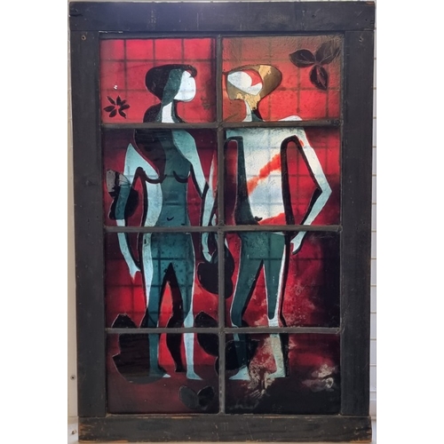 1672 - A stained and leaded glass panel, 67.5 x 42.5cm, in oak frame; together with another similar smaller... 