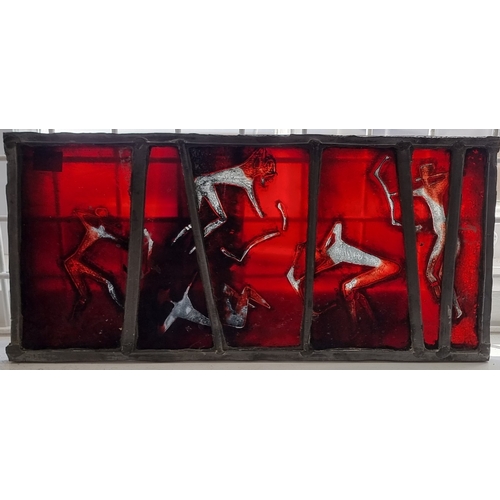 1672 - A stained and leaded glass panel, 67.5 x 42.5cm, in oak frame; together with another similar smaller... 