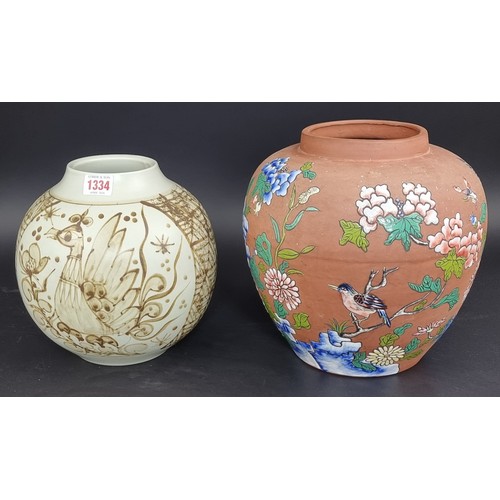 1334 - A terracotta ovoid base, enamelled in the Chinese style, possible Wedgwood, 25.5cm high; together wi... 