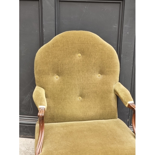 1054 - A George III mahogany and upholstered Gainsborough chair, 71cm wide, (reduced in height).... 