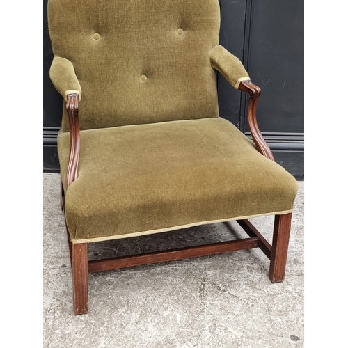 1054 - A George III mahogany and upholstered Gainsborough chair, 71cm wide, (reduced in height).... 