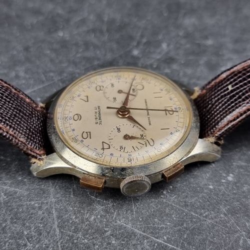 43 - A circa 1950 Chronographe Suisse stainless steel manual wind wristwatch, 37mm, on contemporary brown... 
