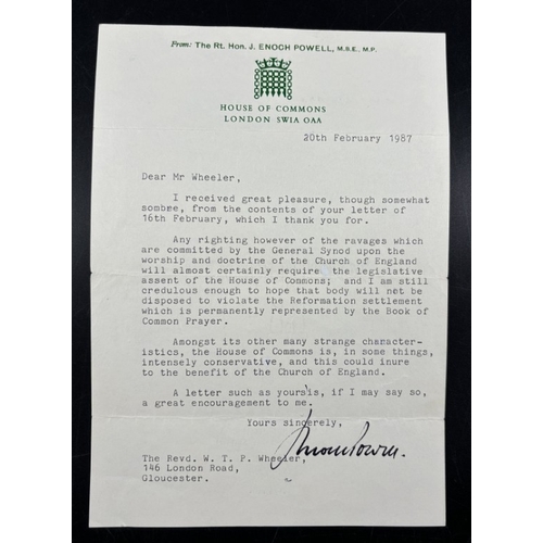 42 - ENOCH POWELL: 12 line TLS from Enoch Powell to a Mr Wheeler, touching on the importance of Parliamen... 