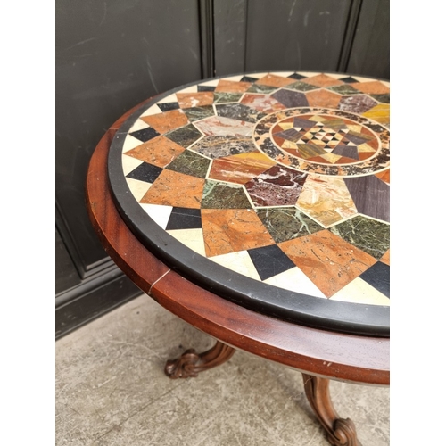 1022 - A Victorian walnut and specimen marble tripod occasional table, 67cm diameter.
