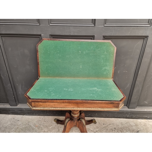 1037 - A Regency rosewood, faux grained and satinwood crossbanded pedestal card table, with brass mounts, 9... 