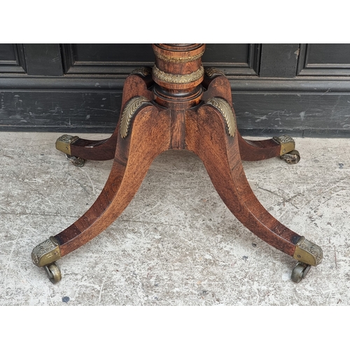1037 - A Regency rosewood, faux grained and satinwood crossbanded pedestal card table, with brass mounts, 9... 