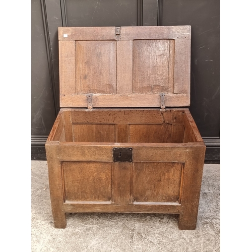 1038 - A small late 17th century oak panelled coffer, 83cm wide.