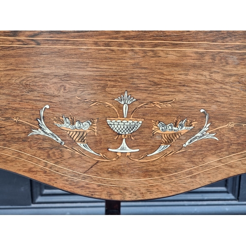 1043 - A circa 1900 rosewood and inlaid drop leaf occasional table, 73cm wide when open.