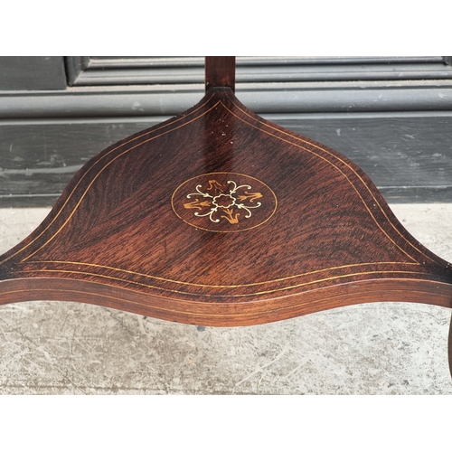 1043 - A circa 1900 rosewood and inlaid drop leaf occasional table, 73cm wide when open.