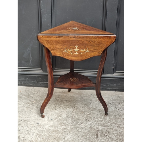 1043 - A circa 1900 rosewood and inlaid drop leaf occasional table, 73cm wide when open.