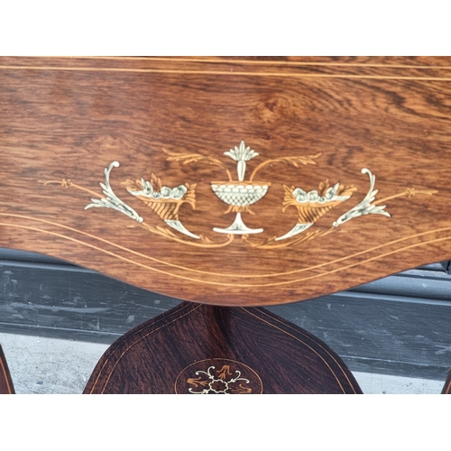 1043 - A circa 1900 rosewood and inlaid drop leaf occasional table, 73cm wide when open.