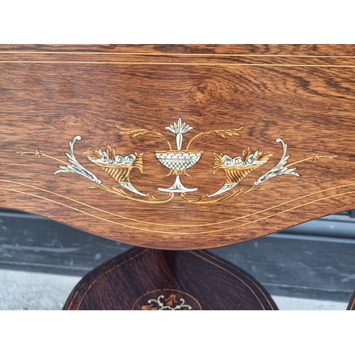 1043 - A circa 1900 rosewood and inlaid drop leaf occasional table, 73cm wide when open.