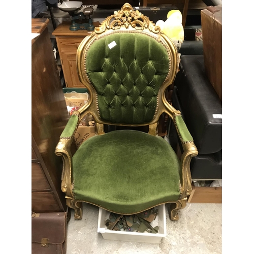 672 - Beautiful throne chair upholstered with green material