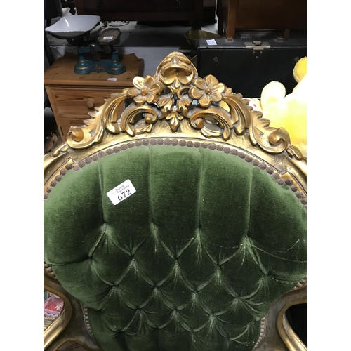 672 - Beautiful throne chair upholstered with green material