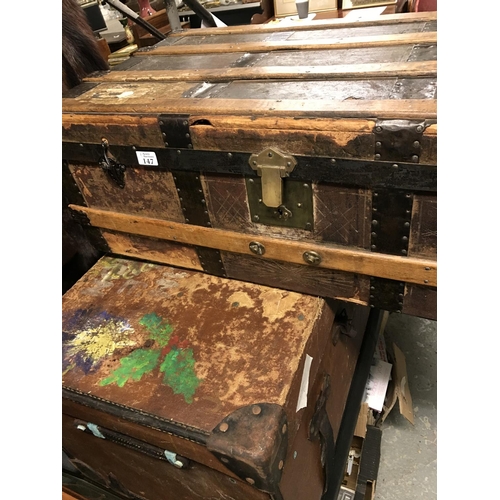 147 - Vintage wooden trunk with metal strapping