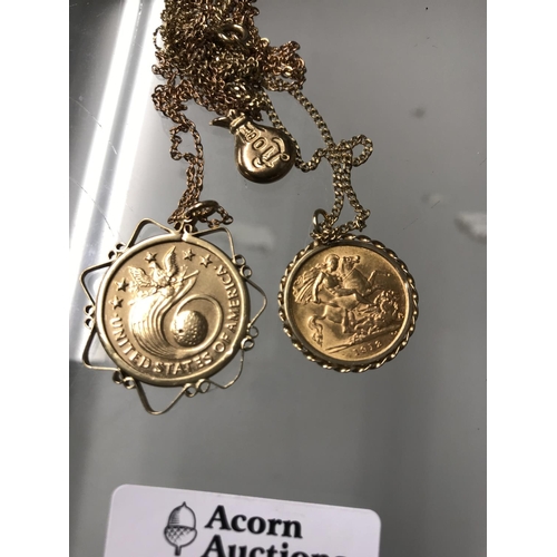 299 - Half Sovereign and Gold Moon Landing American  Commemorative coin in a mount, a charm and chains Apr... 